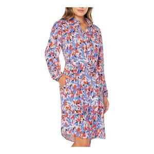 Well Worn Women's White, Blue, Red & Black Viscose Button Down Long Sleeve Dress